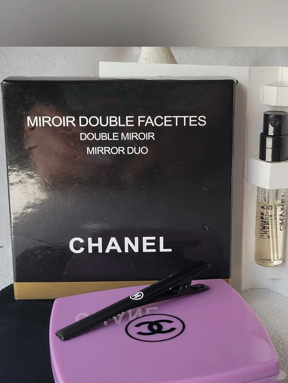 Chanel Compact Mirror with Hair Clip and EMPTY N° 5 Sample